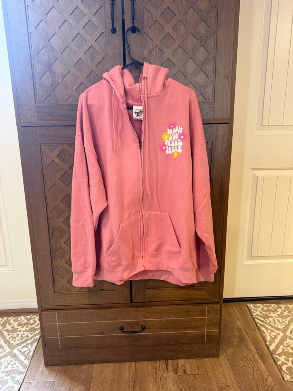 Zip Front Hoodie - Pink with Floral Graphic
